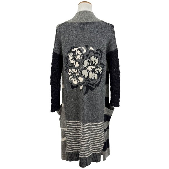 Free People Black Gray Striped Floral Knit Long Cardigan | Boho Grunge Fairy S - Picture 7 of 16